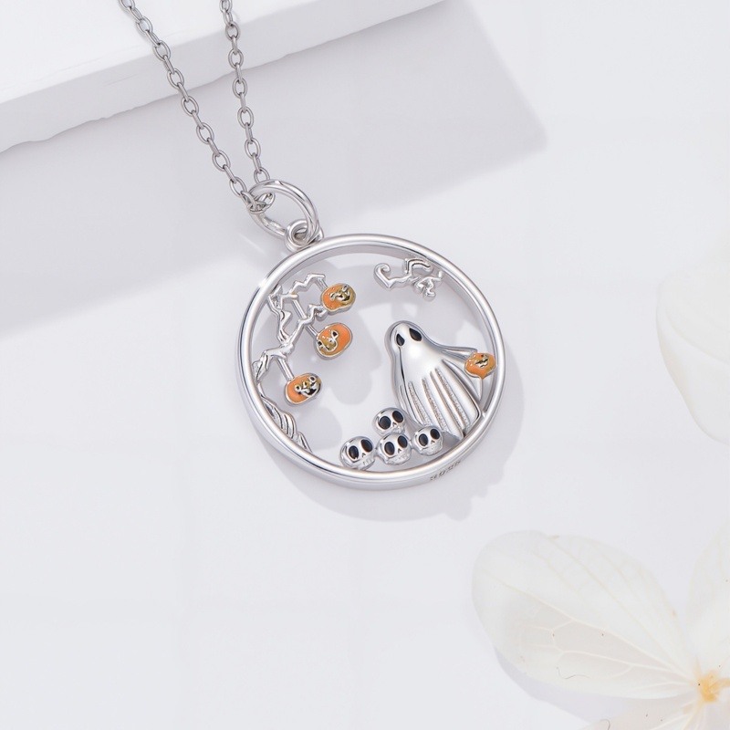 Collier pendentif citrouille, rond, crâne et fantôme en or 14 carats-4
