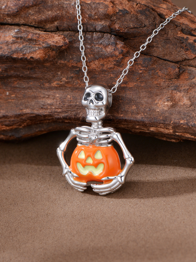 Collier pendentif citrouille et squelette en or 14 carats-4