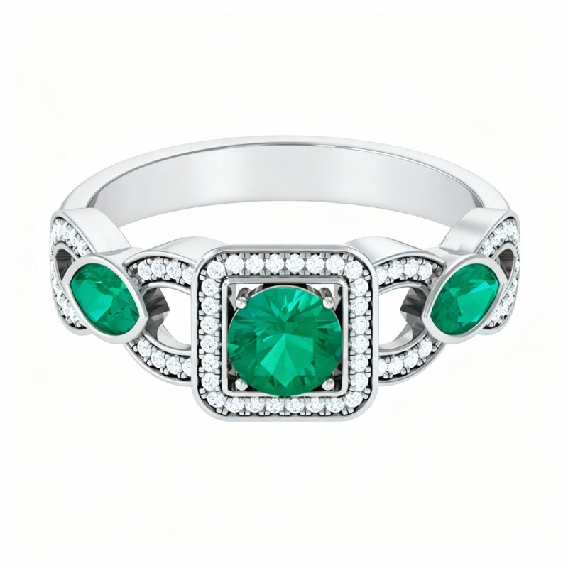 Platinum with White Gold Plated 0.8 CT Round Cut Lab-Grown Emerald Custom Sidestone Engagement Ring-1