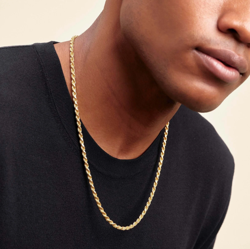 Collier pour homme en argent sterling plaqué or jaune, chaîne corde de 4 mm-2