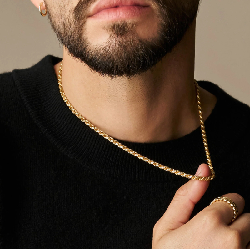 Collier pour homme en argent sterling plaqué or jaune, chaîne corde de 4 mm-3