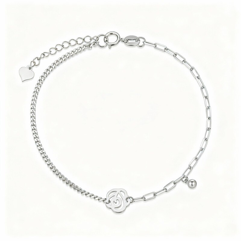 Pulseira com pendente de rosa e bola em ouro branco 10K-1