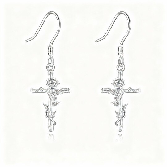 Boucles d'oreilles pendantes en or blanc 10 carats, rose et croix