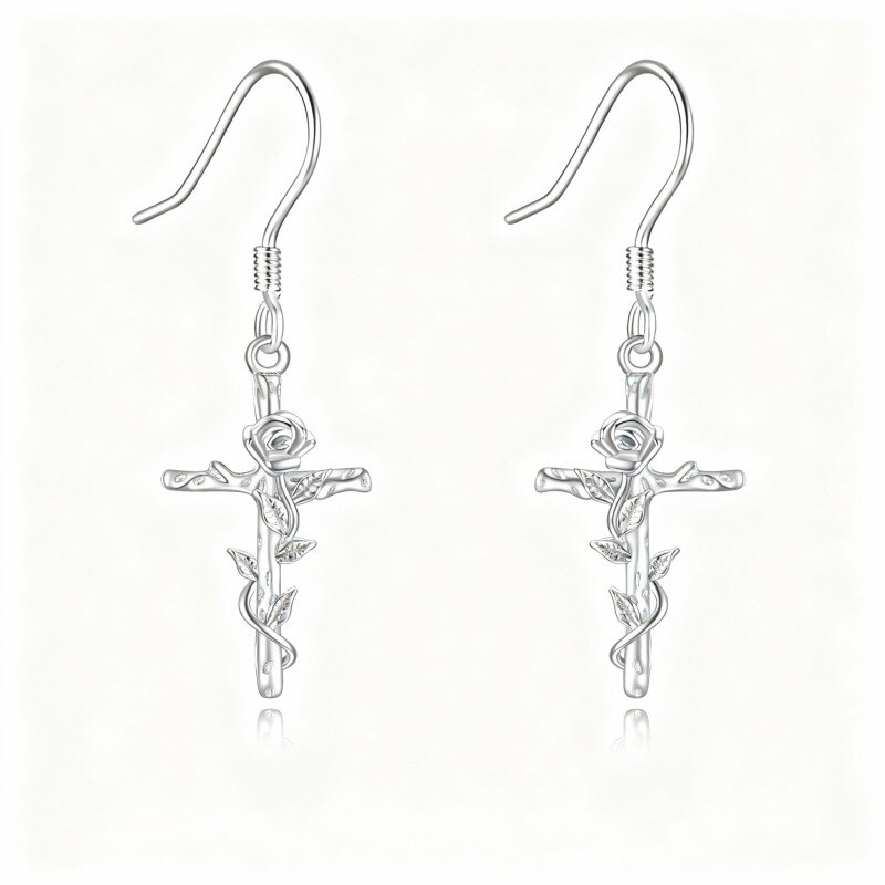 Boucles d'oreilles pendantes en or blanc 10 carats, rose et croix-1