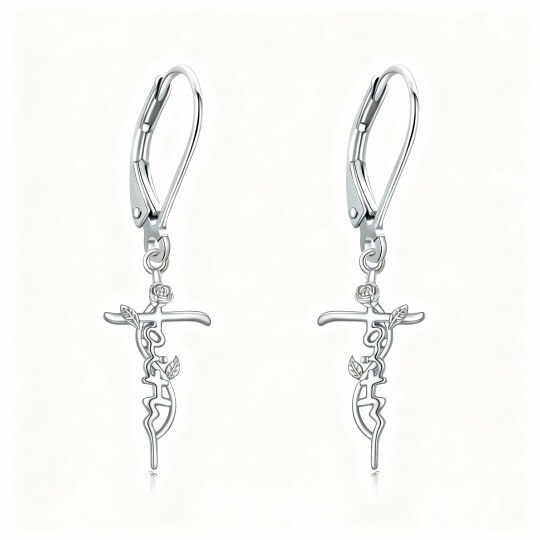 Boucles d'oreilles à levier en or blanc 10 carats, motif rose et croix