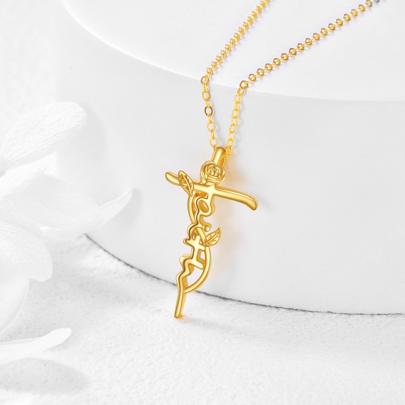 10K Gold Rose & Cross Pendant Necklace-3