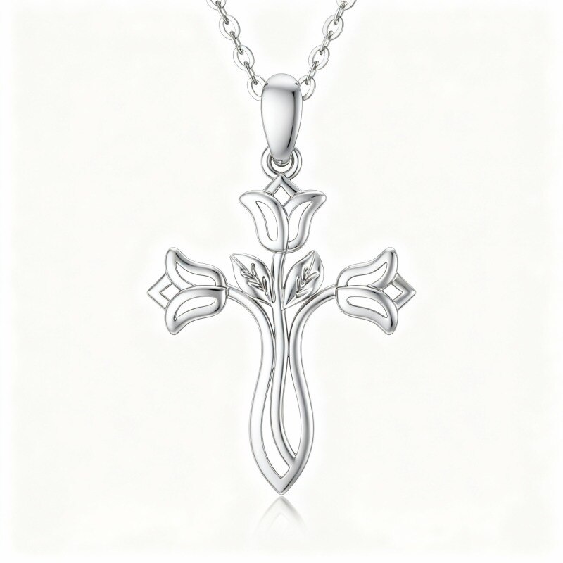 10K White Gold Rose & Cross Pendant Necklace-19