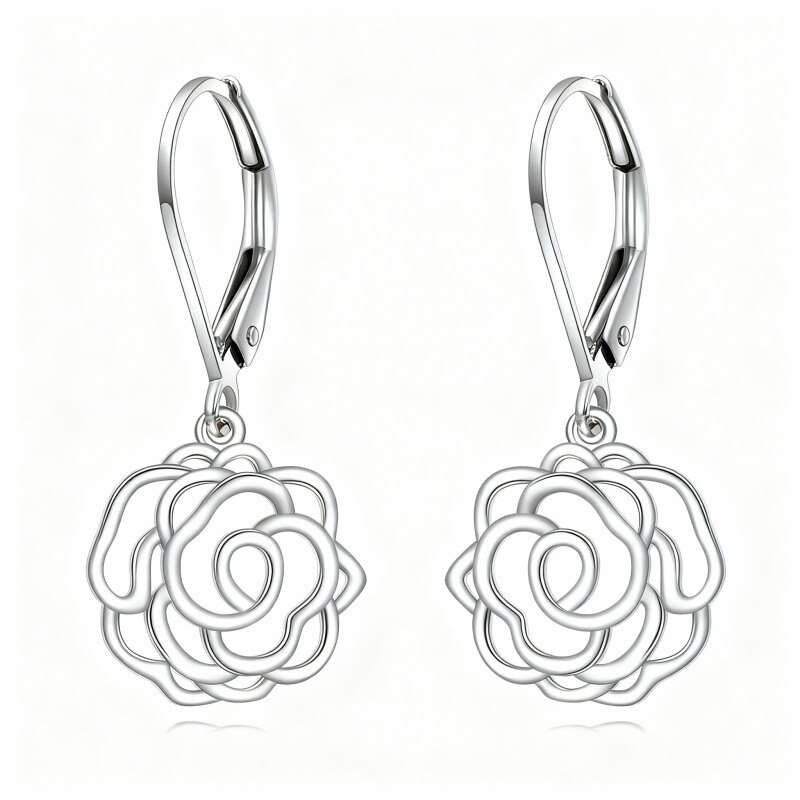 Pendientes colgantes de rosa en oro blanco de 14 quilates-1