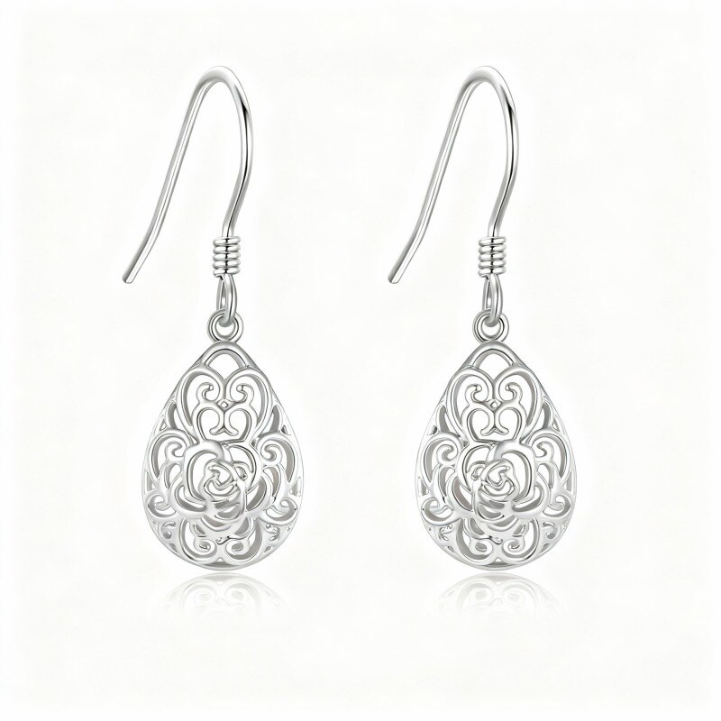 Boucles d'oreilles pendantes en or blanc 10 carats, forme rose et goutte-1