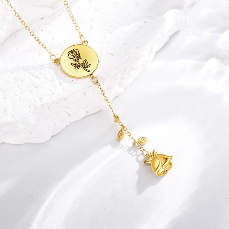 Collar en Y de oro rosa de 14 quilates no ajustable para mujer-3
