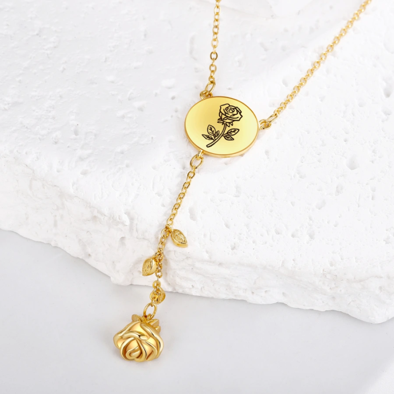 Collar en Y de oro rosa de 14 quilates no ajustable para mujer-4