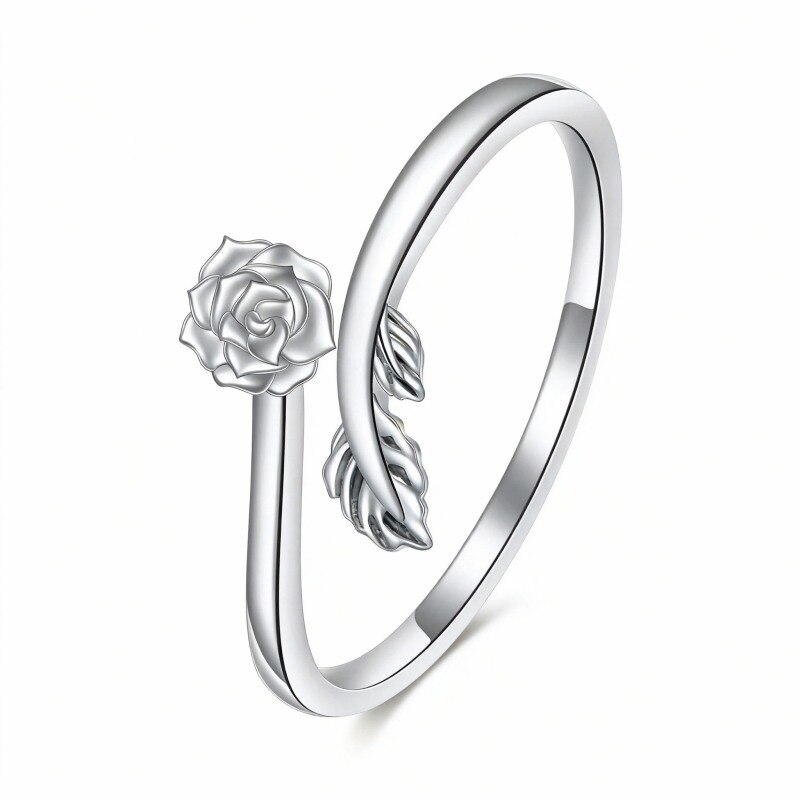 Anillo abierto de oro blanco de 10 quilates con forma de rosa-3