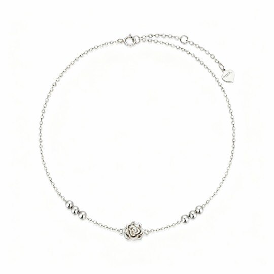 Bracelet de cheville à breloque rose en or blanc 10 carats, simple couche