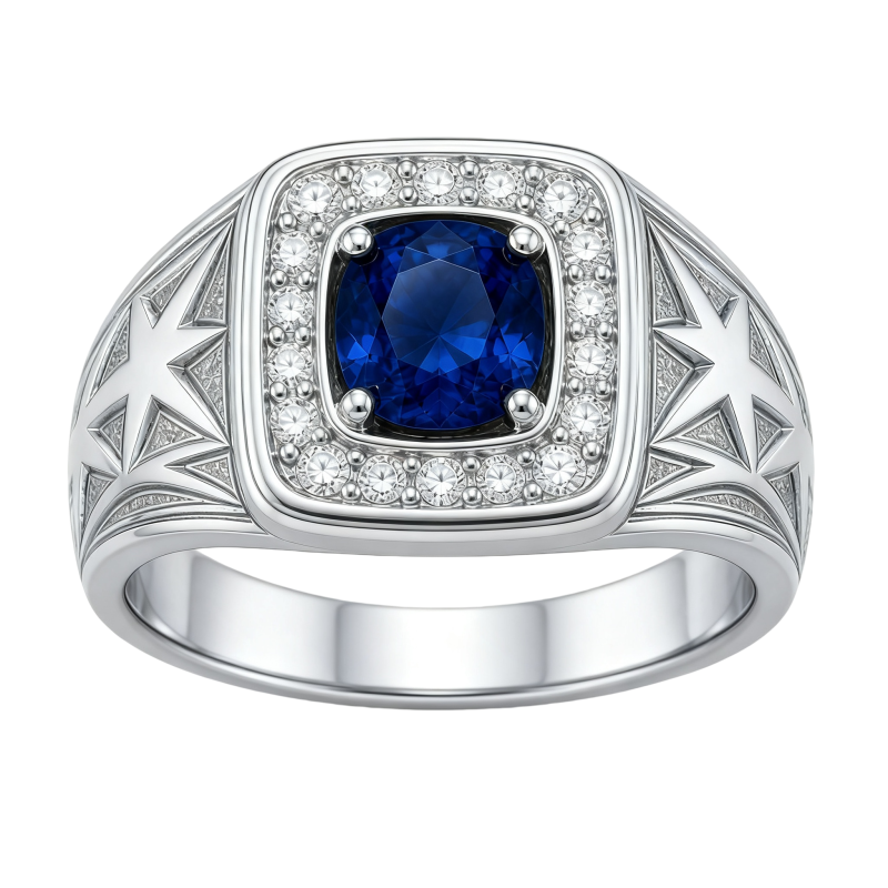 Anillo de sello personalizado con piedra natal de talla redonda, chapado en platino y oro blanco, para hombre.-1