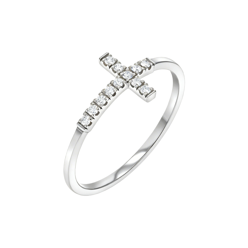 10K White Gold Round Cut Cross Stackable Ring-4