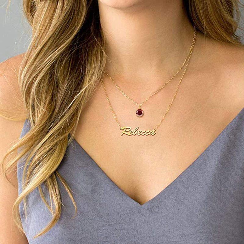 Collar con colgante de piedra natal personalizado, de oro de 10 quilates, con cristal circular.-4