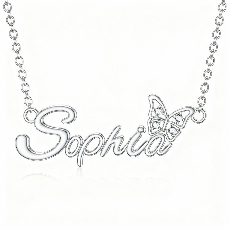 Collar con colgante de mariposa clásico personalizado con nombre en oro blanco de 10 quilates, cristal de talla redonda y nombre-14