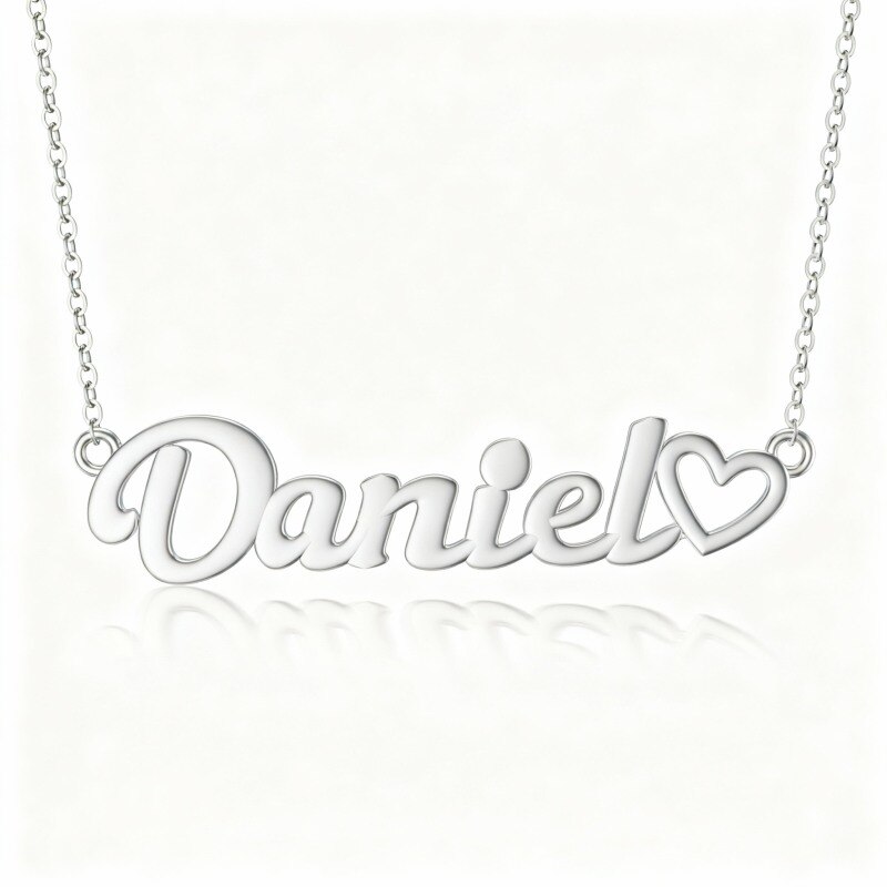 Collar con colgante clásico personalizado con nombre, de oro blanco de 10 quilates y cristal de talla redonda-12