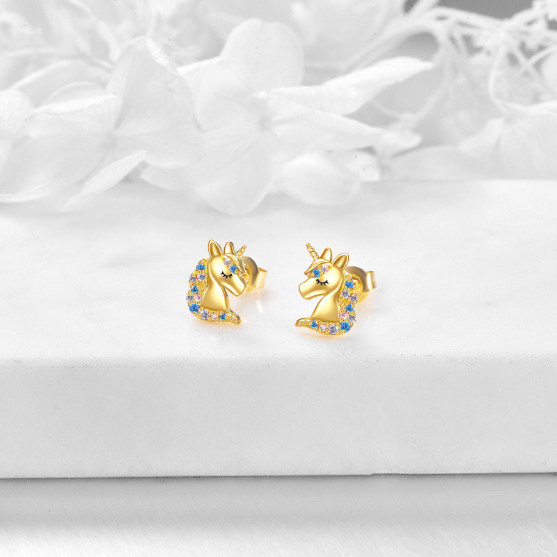14K White Gold Round Cut Crystal Unicorn Stud Earrings-3