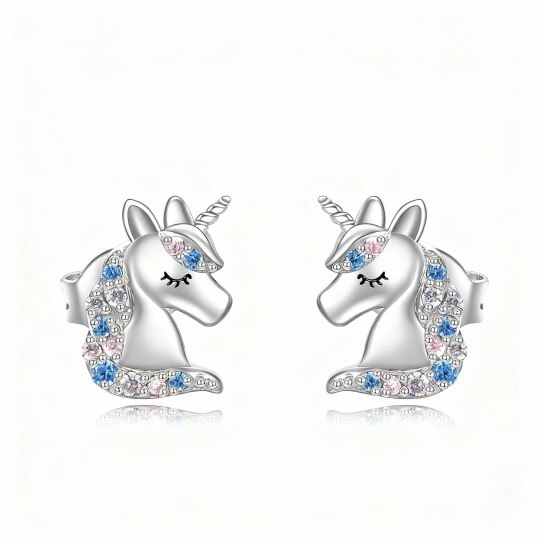 10K White Gold Round Cut Crystal Unicorn Stud Earrings
