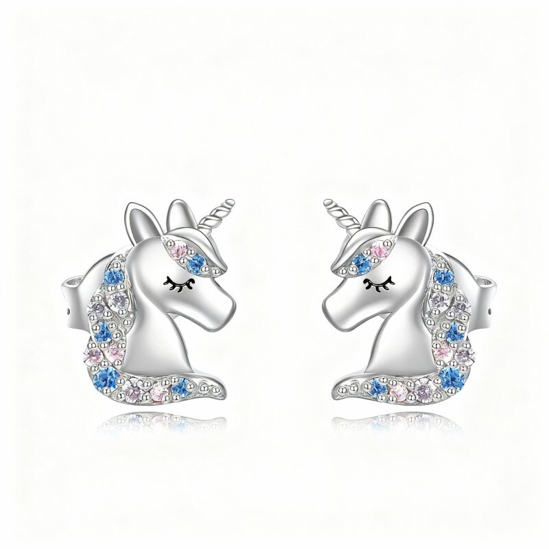 10K White Gold Round Cut Crystal Unicorn Stud Earrings-7