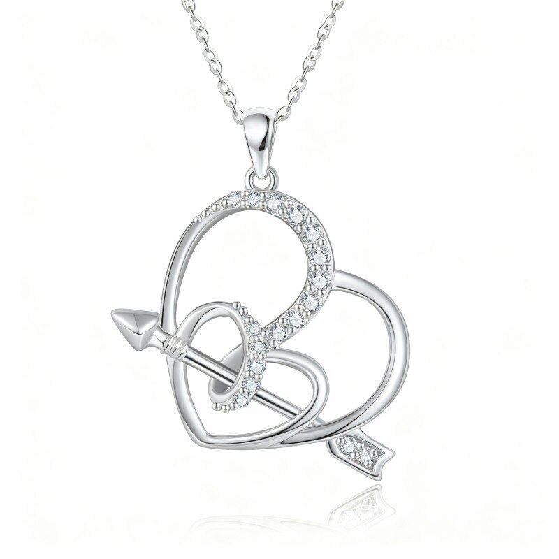 10K White Gold Round Cut Cubic Zirconia Arrow & Heart Pendant Necklace-1