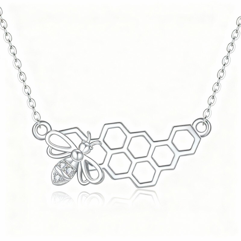 Platinum with White Gold Plated Round Cut Cubic Zirconia Bee Pendant Necklace-1