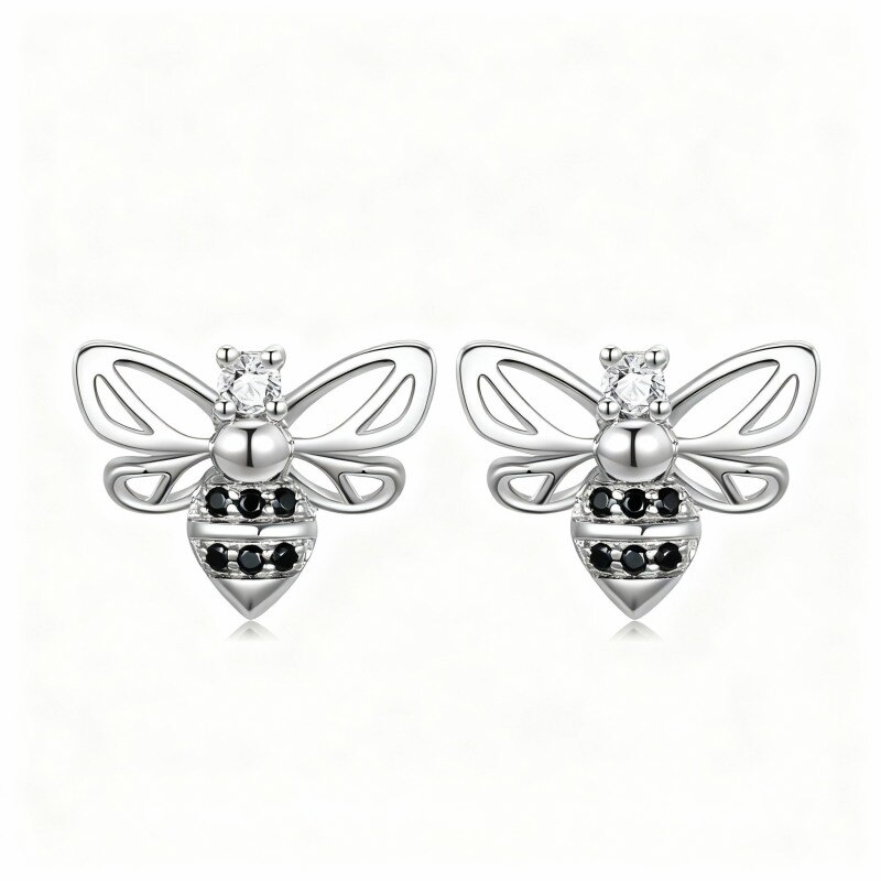 10K White Gold Round Cut Cubic Zirconia Bee Stud Earrings-1