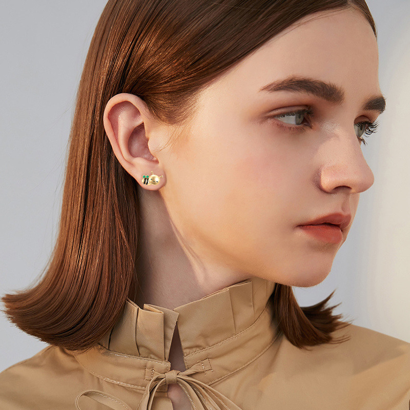 18K Yellow Gold Circular Cubic Zirconia Bee Stud Earrings-2