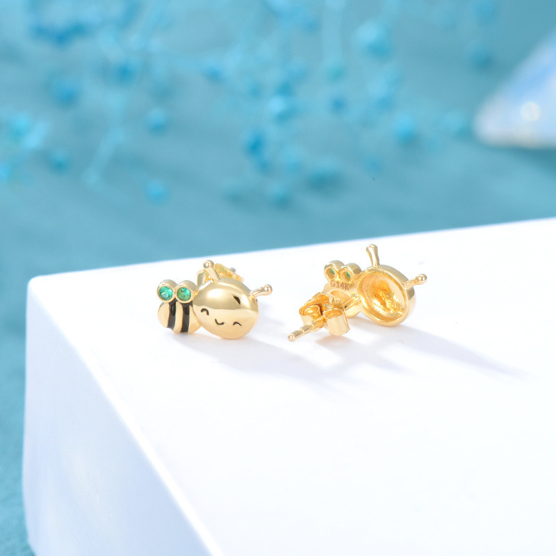 18K Yellow Gold Circular Cubic Zirconia Bee Stud Earrings-4