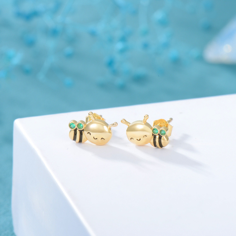 18K Yellow Gold Circular Cubic Zirconia Bee Stud Earrings-5