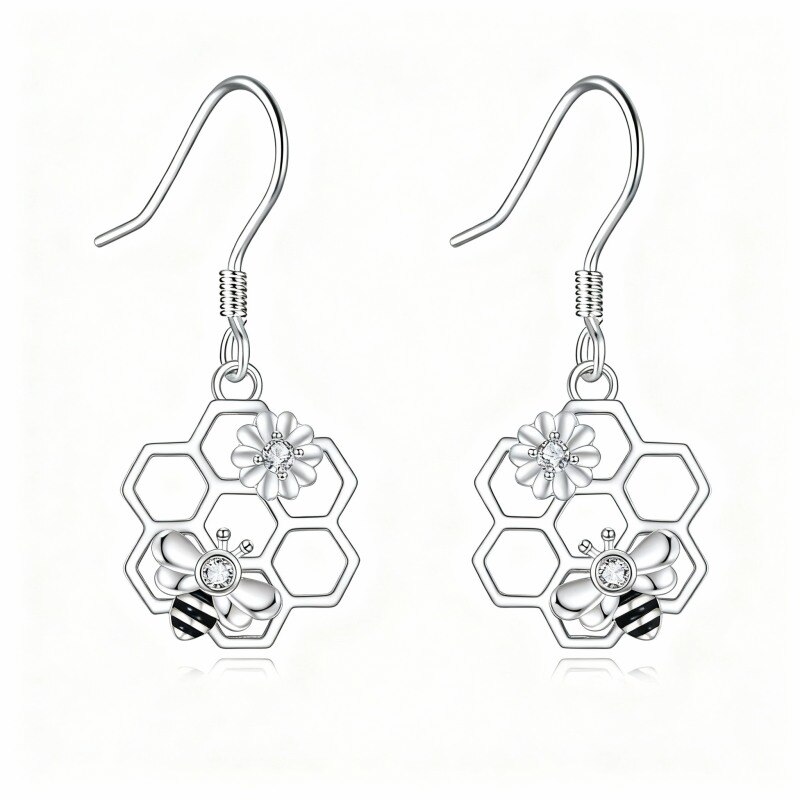 18K White Gold Round Cut Cubic Zirconia Bee & Sunflower Drop Earrings-1