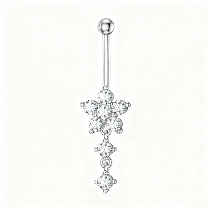 10K White Gold Round Cut Cubic Zirconia Belly Button Ring-3