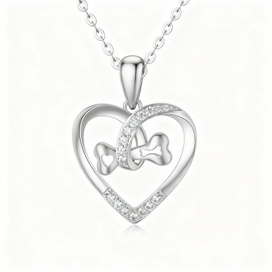 Collier avec pendentif en forme de cœur et d'os en zircone cubique circulaire en or 14 carats pour femme