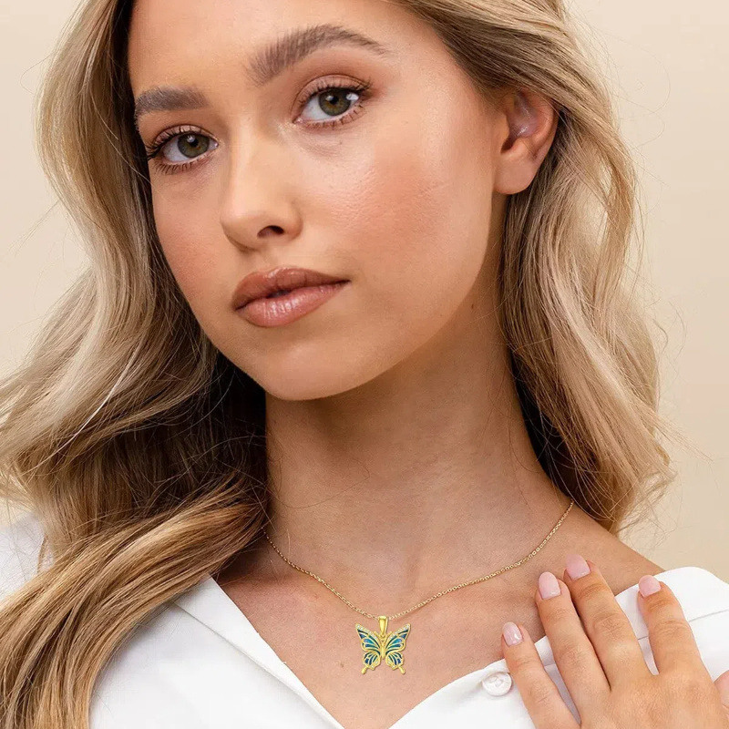 10K Yellow Gold CircularCubic Zirconia Butterfly Pendant Necklace-2