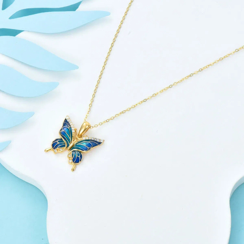 10K Yellow Gold CircularCubic Zirconia Butterfly Pendant Necklace-4