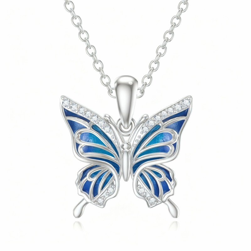 Collar con colgante de mariposa de circonita cúbica de talla redonda en platino con baño de oro blanco-1