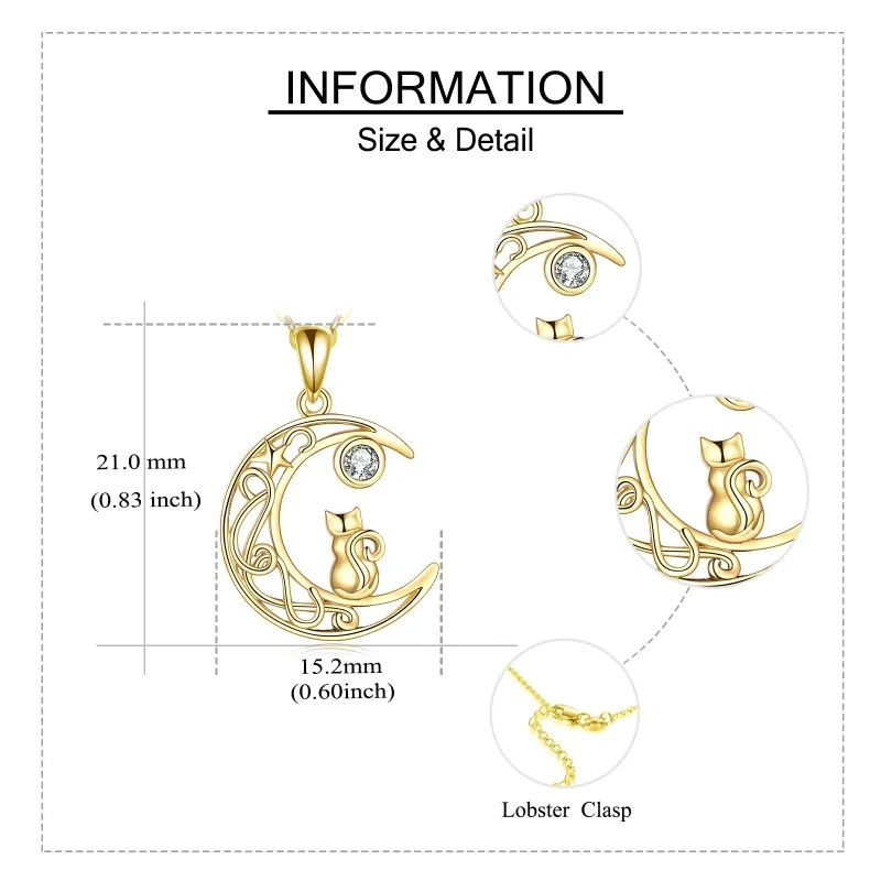 18K Gold Circular Shaped Cubic Zirconia Cat & Moon Pendant Necklace-5