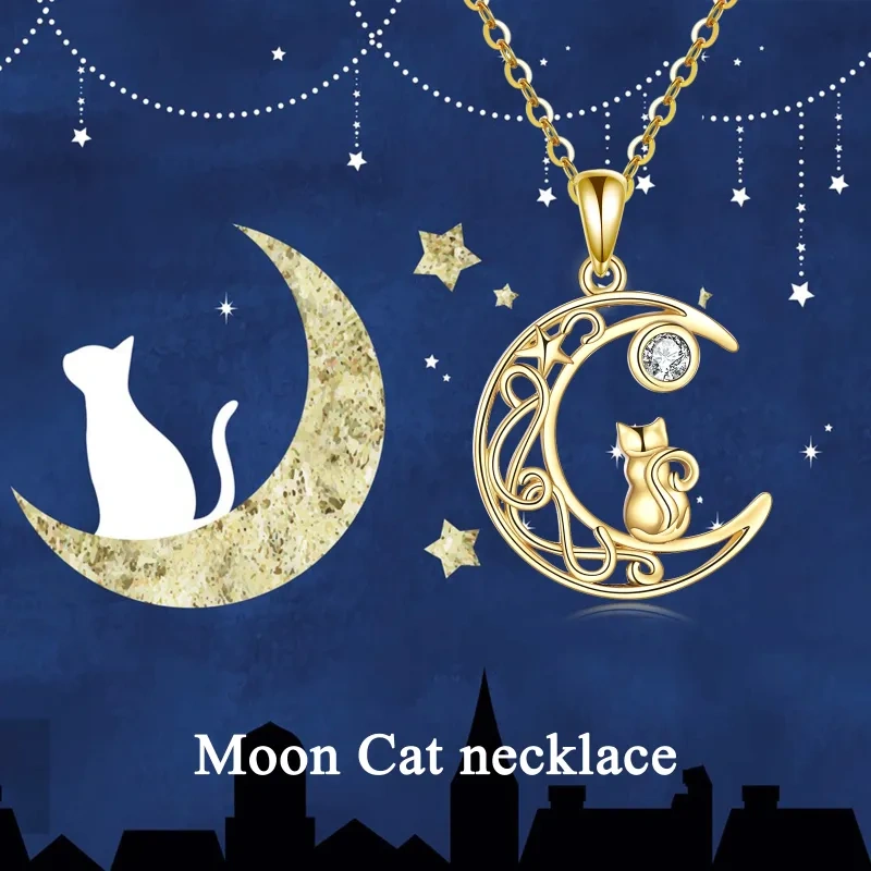 18K Gold Circular Shaped Cubic Zirconia Cat & Moon Pendant Necklace-6