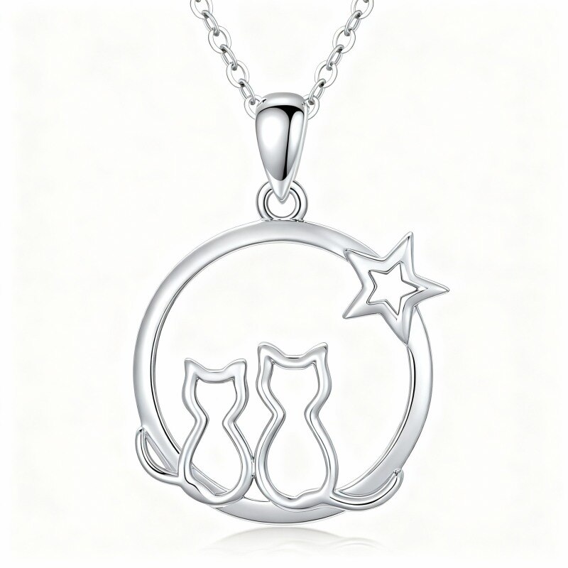 Colar com pendente de gato e estrela em ouro branco 9K com zircónias cúbicas de corte redondo-20