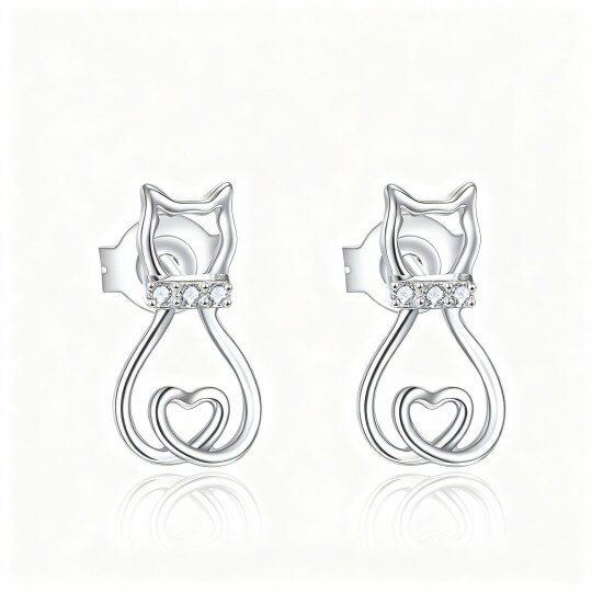 14K White Gold Round Cut Cubic Zirconia Cat Stud Earrings