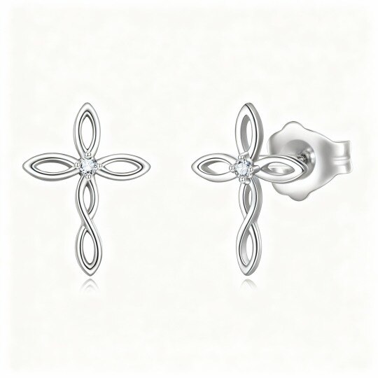Boucles d'oreilles pendantes en or blanc 10 carats avec zircon cubique rond, motif nœud celtique et croix.
