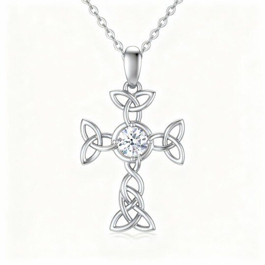 10K White Gold Round Cut Cubic Zirconia Celtic Knot & Cross Pendant Necklace