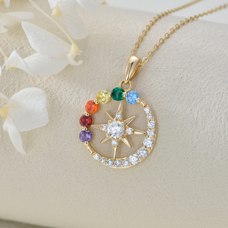 18K Rose Gold Round Cut Cubic Zirconia Chakras & Moon & Sun Pendant Necklace-4