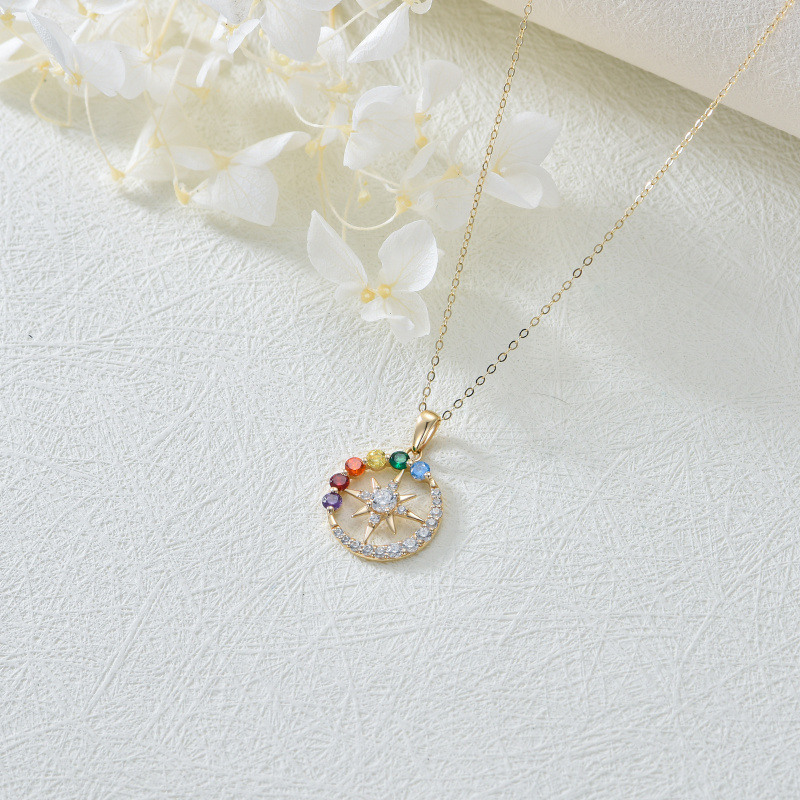18K Rose Gold Round Cut Cubic Zirconia Chakras & Moon & Sun Pendant Necklace-5