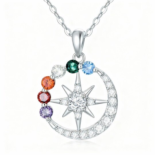 Halskette aus 10-karätigem Weißgold mit runden Zirkonia-Steinen, Chakra-, Mond- und Sonnenanhänger