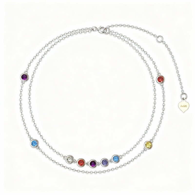 Bracelet de cheville à plusieurs rangs en or blanc 14 carats avec zircon cubique taille ronde et chakras-1