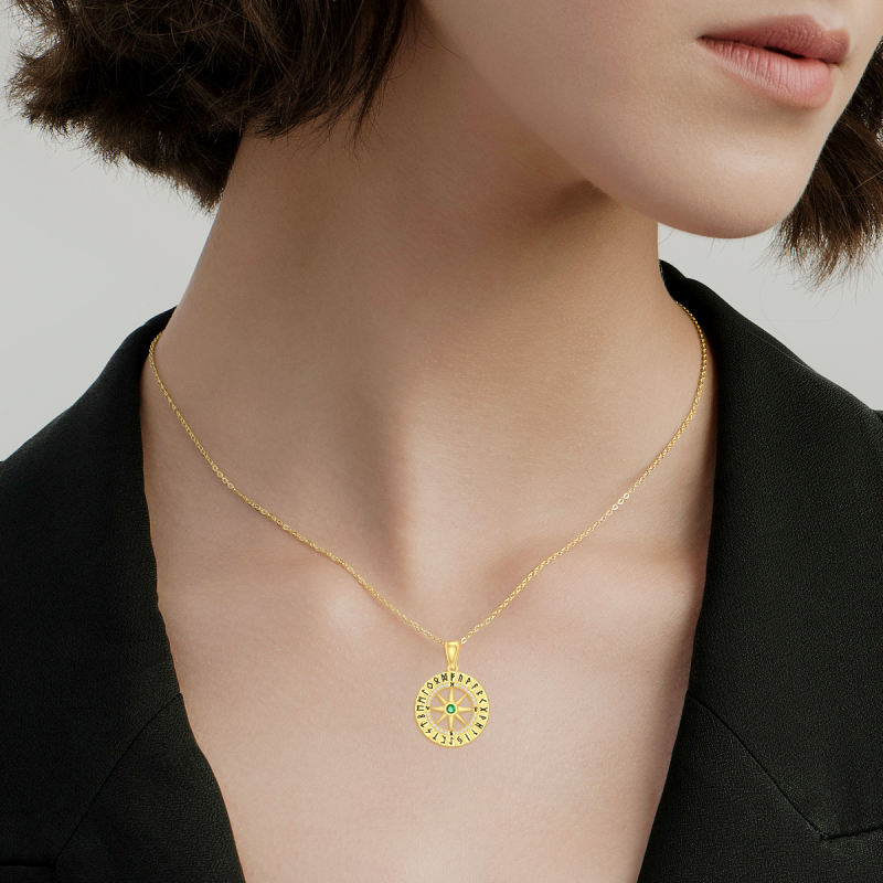 18K Gold Circular Cubic Zirconia Compass Pendant Necklace-2