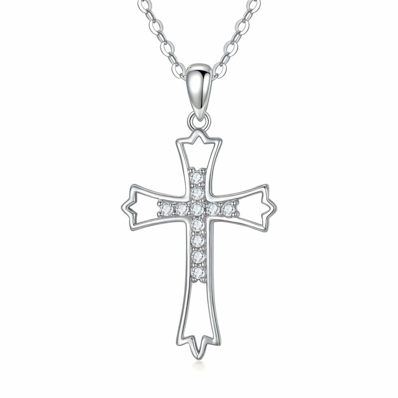 Collier pendentif croix en or blanc 14 carats avec zircon cubique taille ronde et filigrane-1