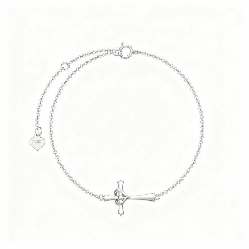 10K White Gold Round Cut Cubic Zirconia Cross & Heart Charm Bracelet-1